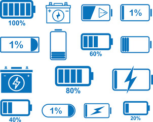 Battery icon set, 15 charging battery icon set blue vector