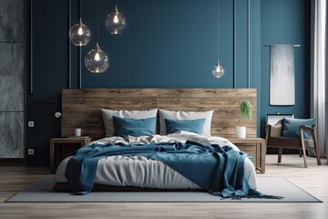 a master bedroom in a modern setting with a parquet floor, a double bed, a pendant lamp, and cushions is seen against a minimalist blue background. Generative AI
