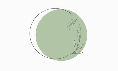 Flower Leaves with green circle shape on white background. Floral line art. Outline vector flowers. Wedding elegant continuous line drawing.