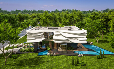 3d rendering of cute cozy modern house with bionic natural curves plastic forms with parking  and pool for sale or rent with beautiful landscape. Clear sunny summer day with blue sky