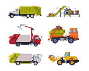 Garbage Truck for Transporting Solid Waste to Recycling Center Vector Set - obrazy, fototapety, plakaty