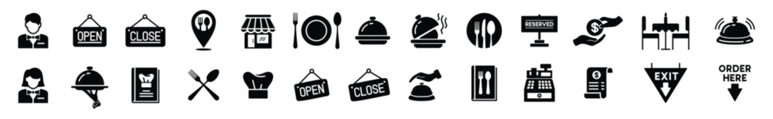Restaurant icons vector set. Pin map, cafes, open, clossed, bell, spoon, fork, knife, plate, recipe book, chef hat, cashier machine, receipt, payment, employee, cloche, food icon. Symbol illustration