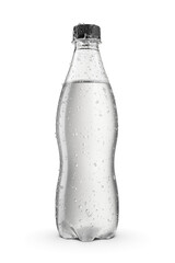 Transparent soft drink soda bottle without label with water condensation and ice crystals. Isolated...