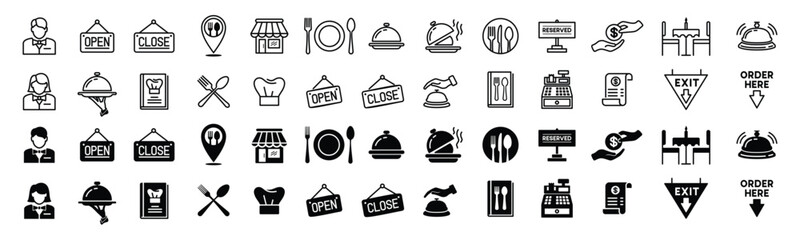 Restaurant icons vector set. Pin map, cafes, open, clossed, bell, spoon, fork, knife, plate, recipe book, chef hat, cashier machine, receipt, payment, employee, cloche, food icon. Symbol illustration