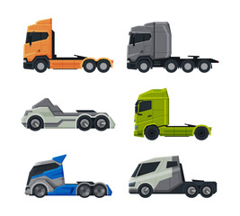 Semi Tractor Trailer Truck as Heavy-duty Towing Engine Side View Vector Set