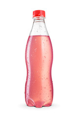 Pink soda sparkling water in a plastic bottle with water condensation and ice crystals. Isolated on...