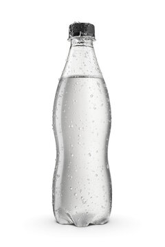Transparent soft drink soda bottle without label with water condensation and ice crystals. Isolated on a white.