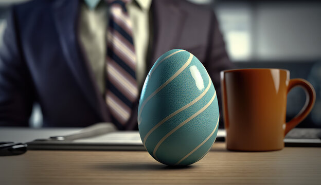 Hochwertiges Osterei mit auf einem B&uuml;rotisch mit Gesch&auml;ftsmann im Hintergrund (Generative AI)