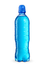 Blue isotonic sport energy drink in a transparent bottle isolated on white background. Sport cap...