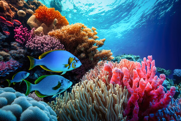 the vibrant coral reefs of the Great Barrier Reef off the coast of Australia, teeming with a rainbow of fish and marine life - Generative AI