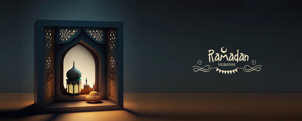 3D Render. Ramadan Mubarak Banner Design With Arabic Lantern With Mosque Inside Islamic Window Copy Space. Islamic Religious Concept.