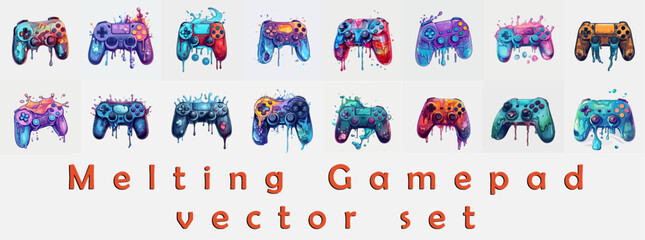 Set of melting video game controllers. Console gamepad vector isolated. Vivid splashes of colors
