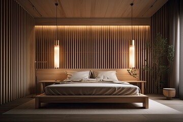 Japanese timber bedroom design with battens and a hidden light wall design. Generative AI