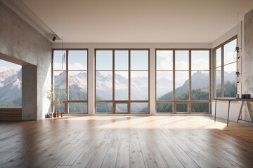 Interior of a loft with a white wall, no furniture, a wooden floor, and a large window overlooking a mountain meadow. marketing and advertising concept. a mockup. Generative AI