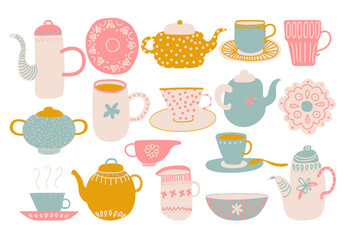 Clay Crockery and Ceramic Utensils as Kitchenware Vector Set