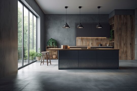 Interior of a dark kitchen room with a concrete floor, an empty grey wall, a large window overlooking the countryside, a sink, and an electric range. modern minimalist architecture. a mockup
