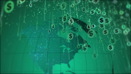 Round dollar symbols falling down like rain on the background of a rotating earth globe. Green looped animation for business. - Powered by Adobe