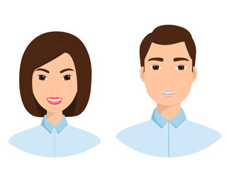 Fototapeta premium Portraits of a smiling man and woman with orthodontic braces on their teeth. Illustration on transparent background