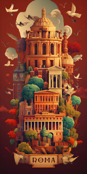 Rome city poster, collage of monuments, temples, collumns