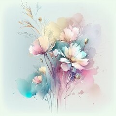 floral art background, soft watercolor hand painted pastel color flowers