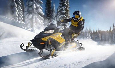 Fotobehang man speed rides a snowmobile in a winter landscape. generative ai © i-element