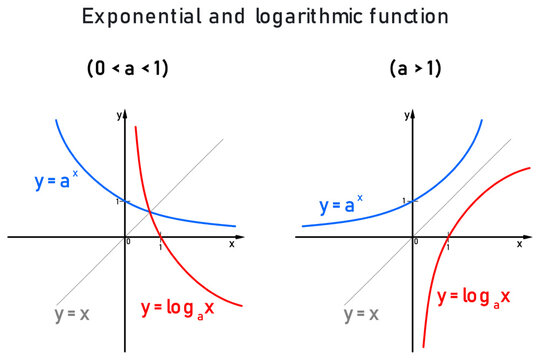 Graphical representation and comparison of logarithmic and exponential functions distinguished by blue and red colors