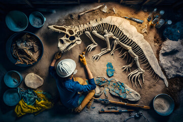 Archaeologist works on an archaeological site with dinosaur skeleton in wall stone fossil tyrannosaurus excavations. Neural network AI generated art