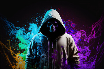 Fototapeta na wymiar Grim Reaper wearing dark hoodies with vivid color bomb explosion backgrounds, explosive colorful backgrounds, digital art. Generative AI