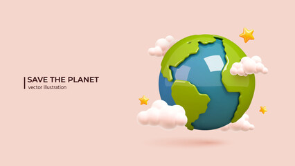 3D Global Warming and Climate Change Concept. Realistic 3d design of Planet Earth with Clouds and Stars around in cartoon minimal style. Vector illustration - 583499957