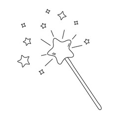 Vector illustration, magic wand icon with stars, twinkling, doodle style, cartoon, hand drawn, for textile printing, web design, social networks, on a white background, line, infographics, internet.