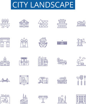 City landscape line icons signs set. Design collection of Urban, skyline, streetscape, skyline, architecture, metropolis, vista, hustle outline concept vector illustrations