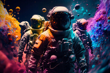 Fototapeta premium astronauts in space helmet in the middle of multicolored smoke illustration, explosive colorful backgrounds, digital art. Generative AI