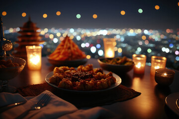 Fototapeta premium Close up variety of table with arabic food during iftar meal on ramadan AI generated