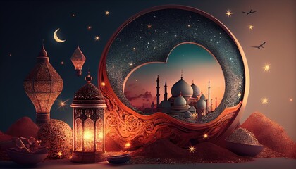 Mosque at night. Mosque building and minaret in night light. Ramadan kareem wallpaper. Generative ai