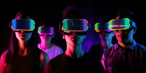 Young People Using VR Headset: Virtual Reality and Future Technology Concept in Colorful Neon Lights. generative ai.