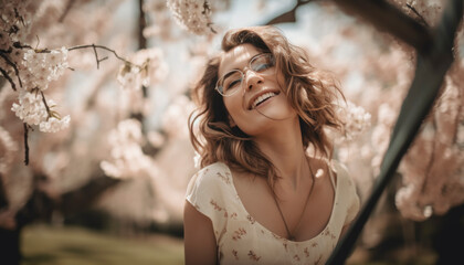 Naklejka premium Happy springtime. Idyllic spring concept with a girl in bright light and vibrant colors on a sunny morning