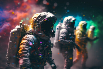 Group of astronauts wearing plain color hoodies with vivid color bomb explosion backgrounds, explosive colorful backgrounds, digital art. Generative AI