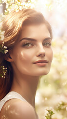 Naklejka premium Happy springtime. Idyllic spring concept with a girl in bright light and vibrant colors on a sunny morning
