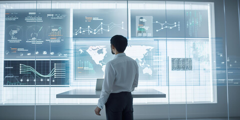 Man Analyzing Data Dashboard with Multiple Meters, Graphs and Charts in Bright White Room: Big Data Network Connection and Artificial Intelligence Technology. generative ai.