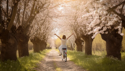 Happy springtime. Idyllic spring concept with a girl in bright light and vibrant colors on a sunny morning