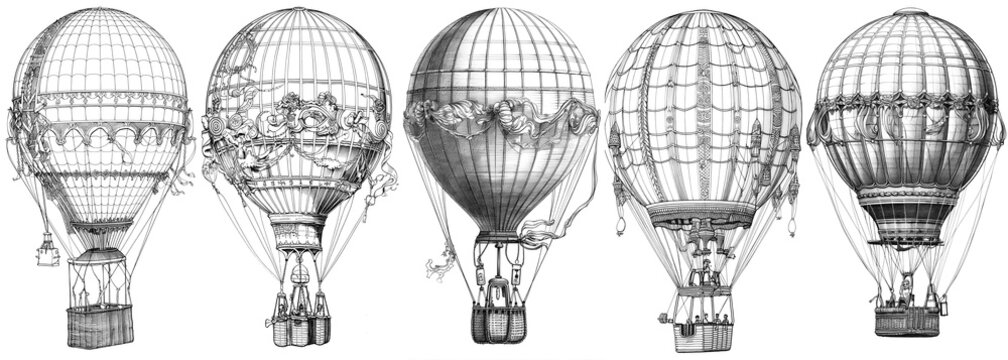 Concept sketches of hot air balloons in ink & pencil, illustrating aerial adventure and whimsy. Creative designs showcase flight, sky, and ballooning details, all beautifully crafted by Generative AI