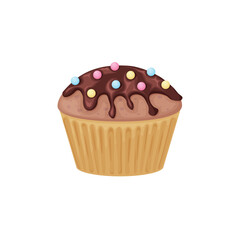 Cupcake. Chocolate cupcake with confetti. Chocolate cake. Sweet dessert. Vector illustration isolated on a white background