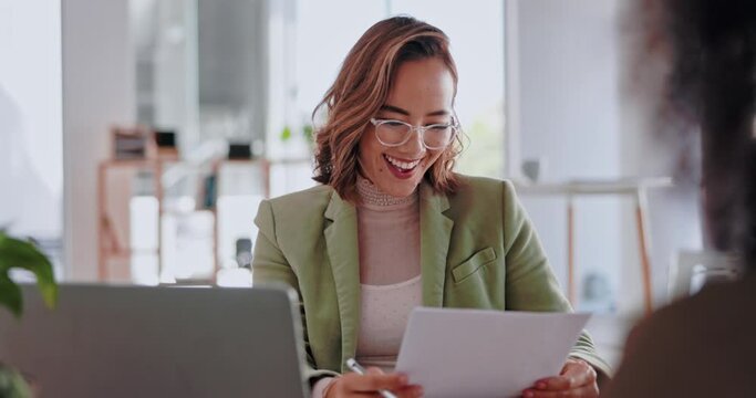 Business woman, interview and hiring in meeting for corporate growth, skills or recruitment at the office. Happy female employee talking to candidate in hire process for new recruit at the workplace