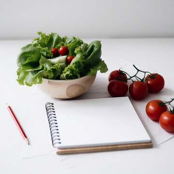 Notebook with salad of lettuce and tomatoes, Diet, Healthy Food, Generative AI