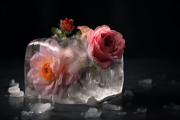 flower, ice cube, soap, spa, cold, freeze, fresh, beauty, flowers, wedding, cake, rose, towel, gift, natural, box, pink, bath, bouquet, nature, hygiene, decoration, table, food, generative