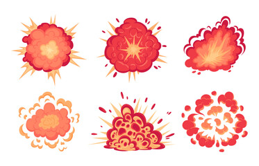 Cartoon dynamite bomb explosions. Danger bomb detonation fire burning clouds. Fire and comic smoke clouds vector illustrations set