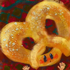 Pretzel on red background.