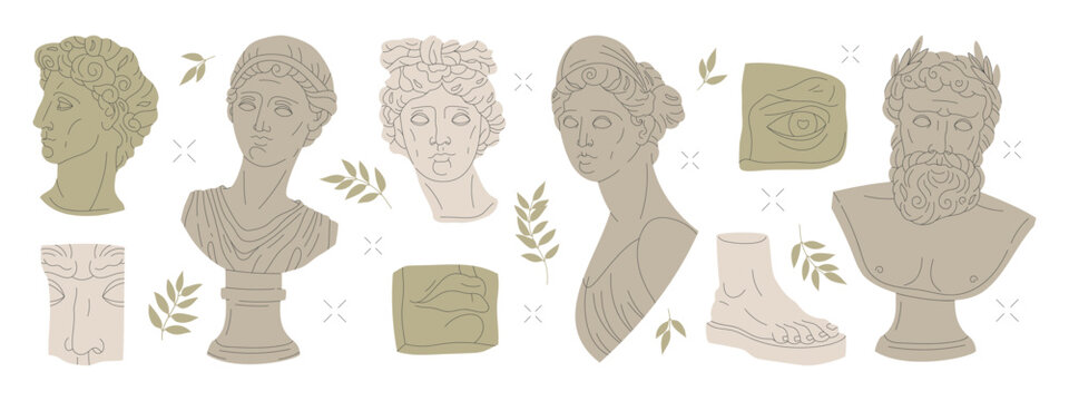 Greek marble sculptures. Antique sculptures and statues, classic ancient greek god and goddess heads and body parts flat cartoon vector illustration set