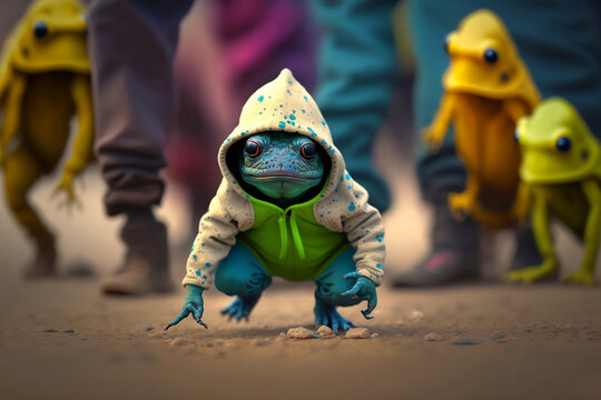 Baby frog wearing plain color hoodies with vivid color bomb explosion backgrounds, cute and adorable animals, explosive colorful backgrounds, digital art. Generative AI