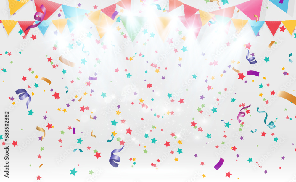 Poster Lots of colorful tiny confetti and ribbons on transparent background. Festive event and party. Multicolor background.Colorful bright confetti isolated on transparent background.